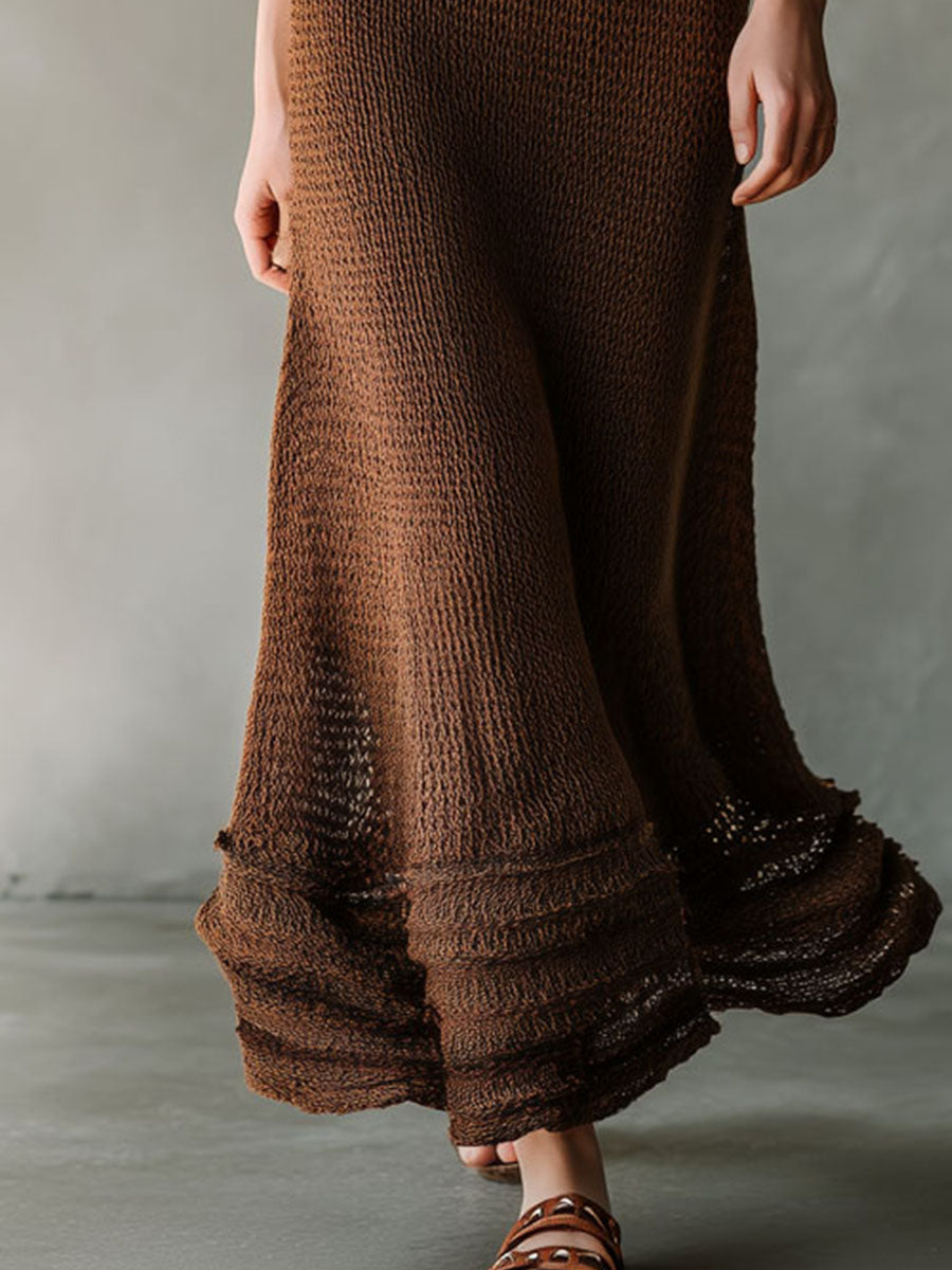 Quiet Luxury Chocolate Brown Knit Spaghetti-Strap Maxi Dress