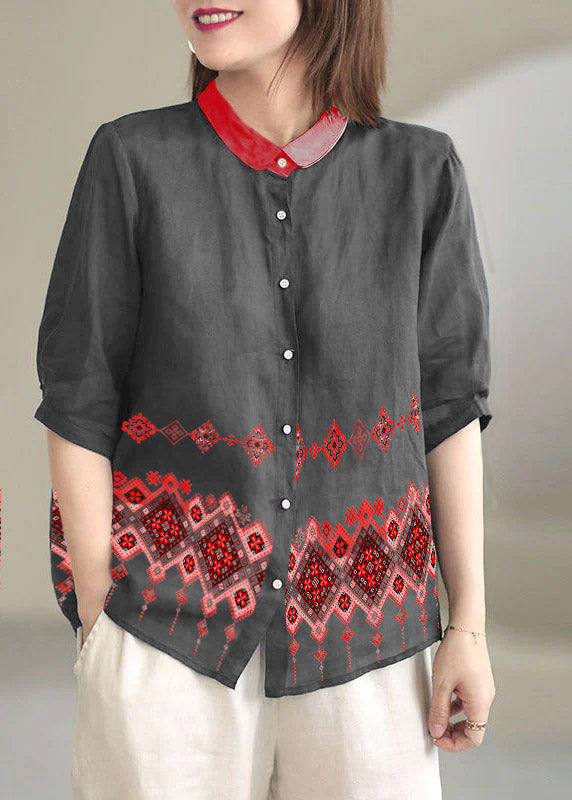 Schöne rot gestreifte Peter Pan Kragen Knopf lose Herbst Halbarm Shirt Tops