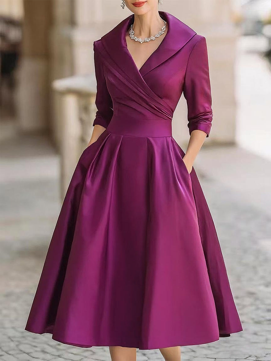 Inspired Satin Midi Dress With Draped Collar