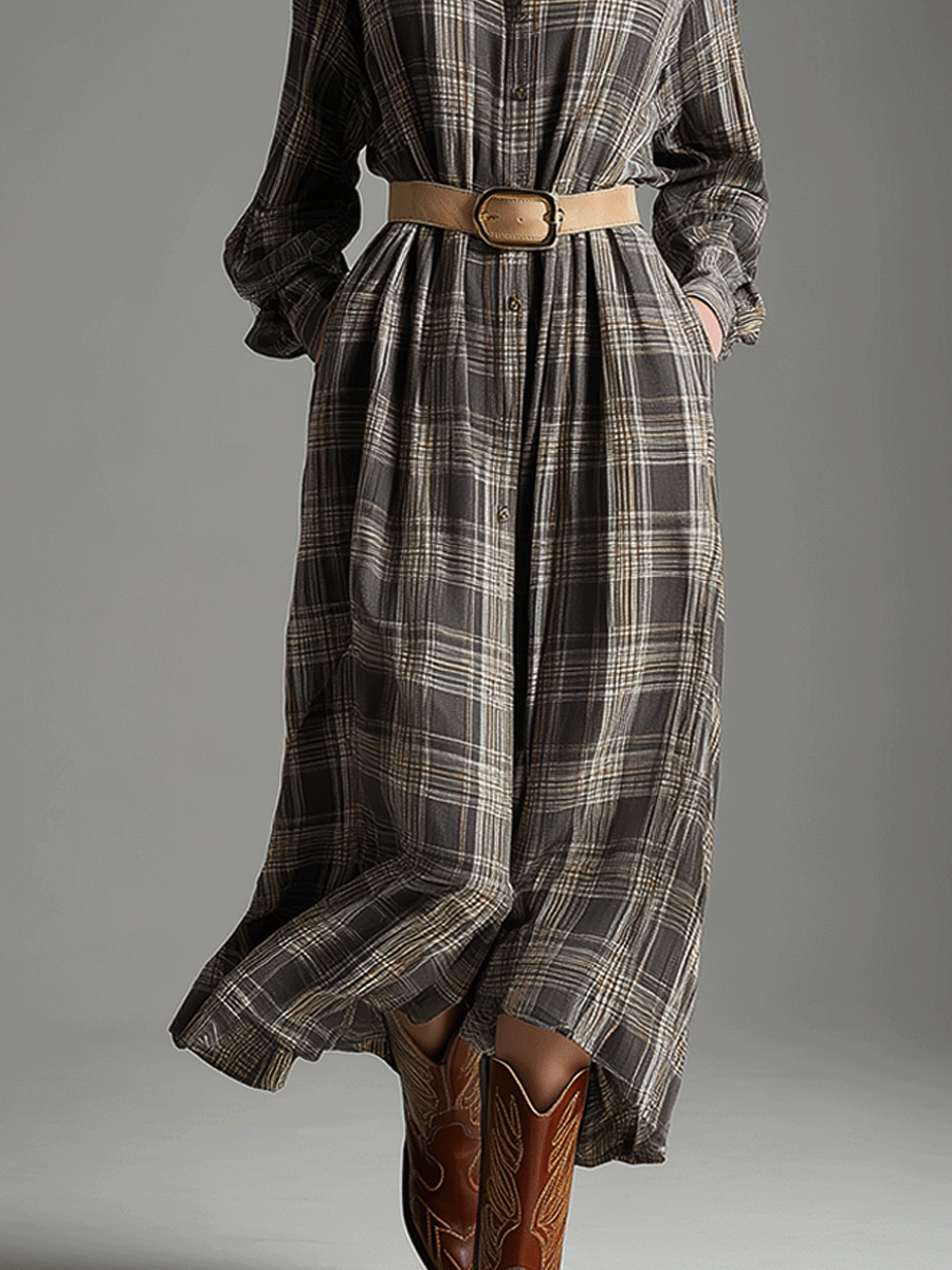 Vintage-Style Gray Plaid Maxi Dress