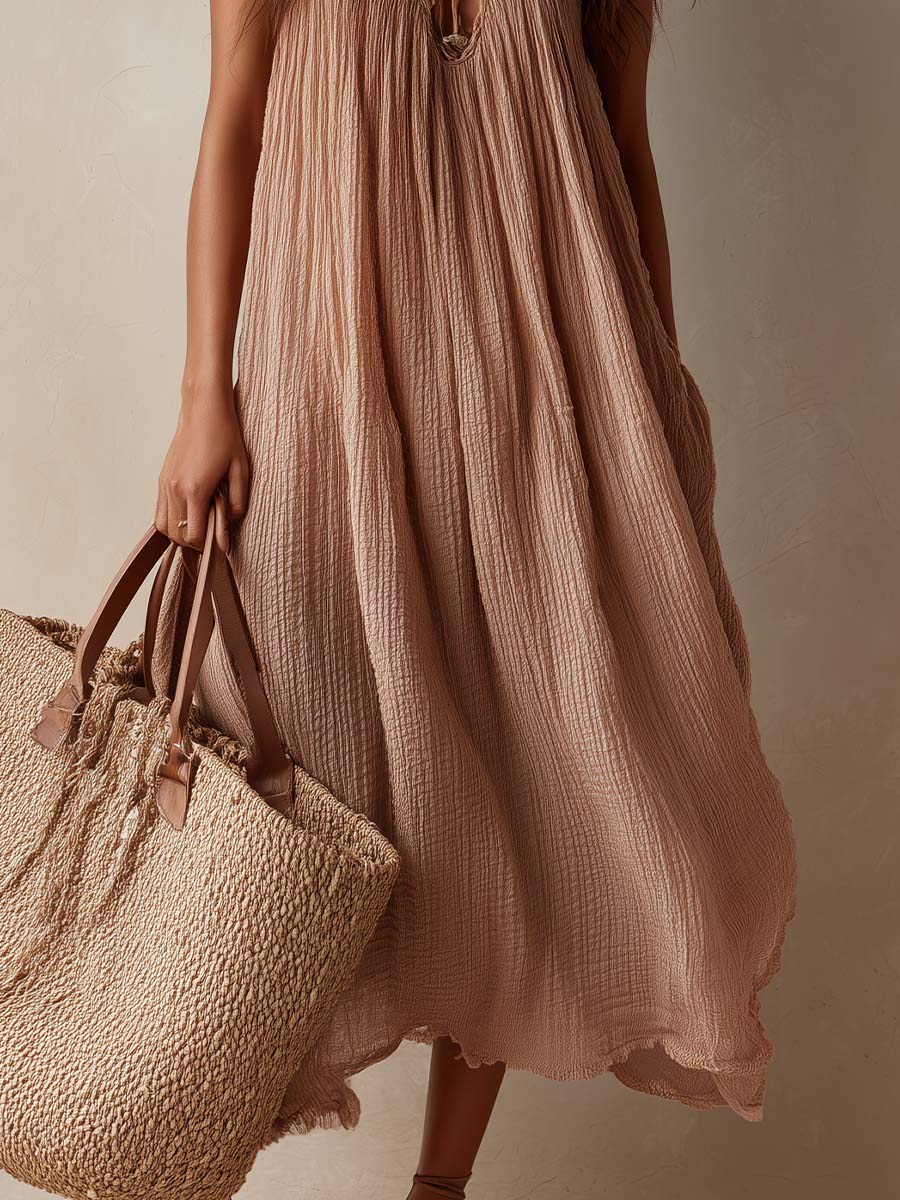 Textured Cotton Sleeveless Maxi Dress With Tie Neck