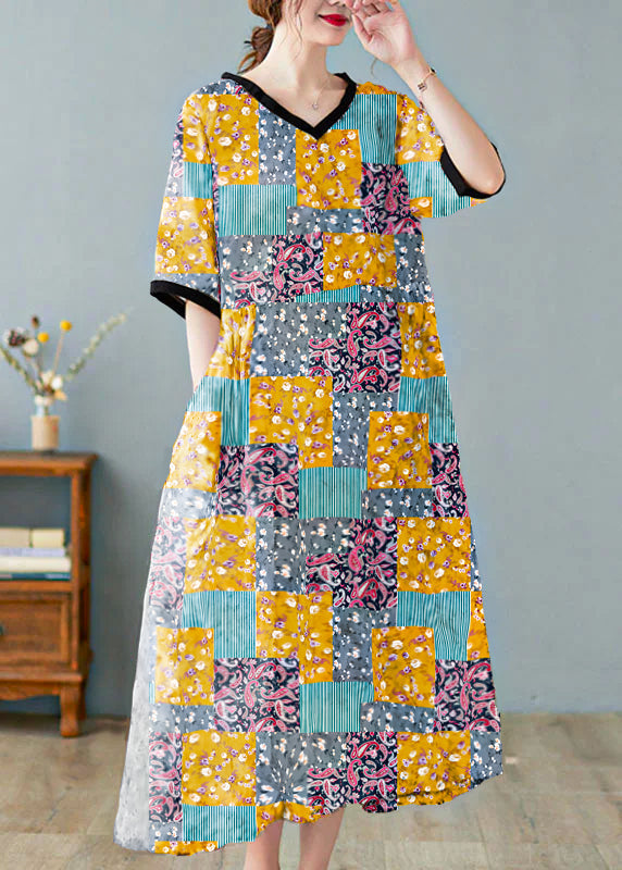 Boutique Khaki V-Ausschnitt Print Leinenkleider Kurzarm