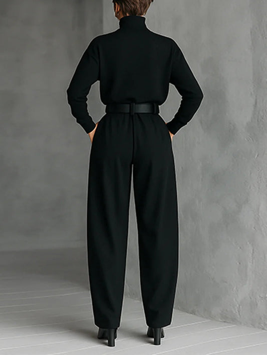 All-black Turtleneck Long-sleeved T-shirt And Straight-leg Pants Two-piece Set (including Belt)