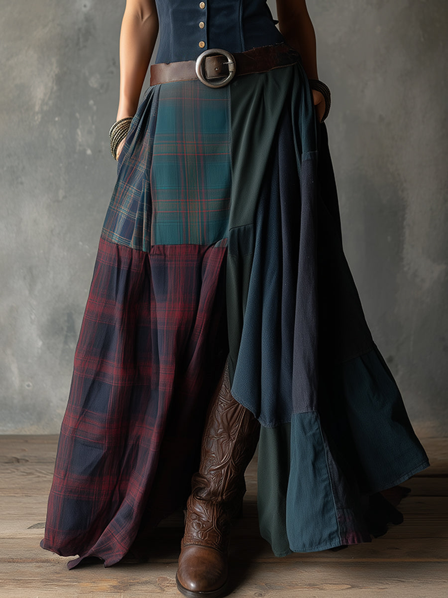 Bohemian Sleeveless Eco-friendly Suede Plaid Splicing Maxi Dress