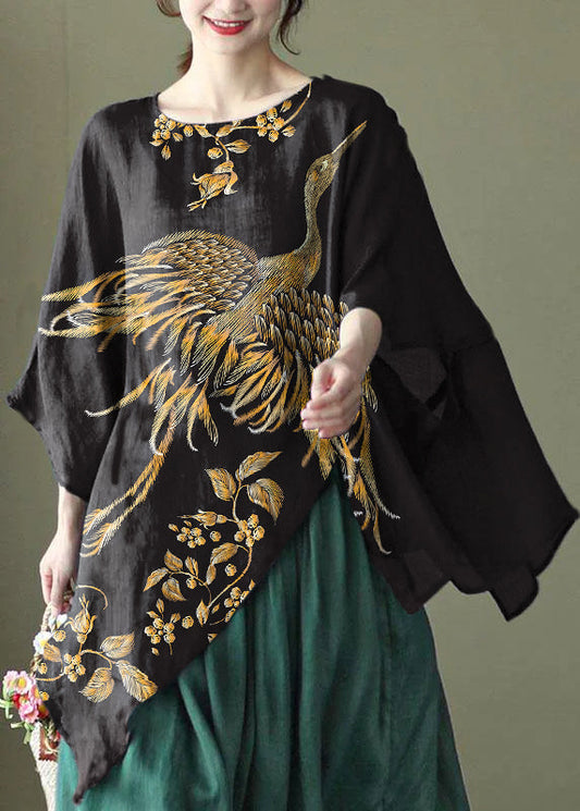 Art Gelber Text Asymmetrisches Design Bestickte Sommer Ramie Shirt Tops