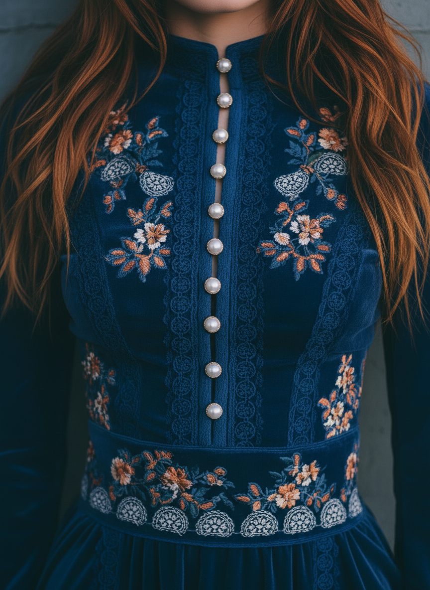 Retro Elegant Blue Velvet Embroidered Long Sleeve Maxi Dress