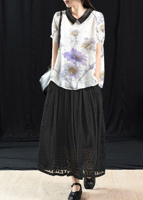 Böhmisches Patchwork-Top mit weißen Blumen und Vögeln und Umlegekragen für den Sommer, kurzärmelig