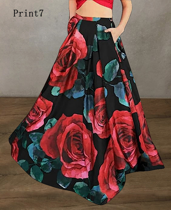 Bohemian Weiß - Rot Print Hohe Taille Taschen Blumendruck Baumwolle A Linie Rock Sommer