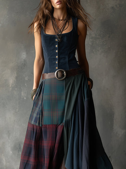 Bohemian Sleeveless Eco-friendly Suede Plaid Splicing Maxi Dress