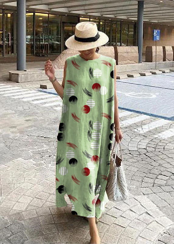 Bohemian O Neck Seite Offen Leinen Baumwolle Kleidung Stoffe Grün polka dots Kleid