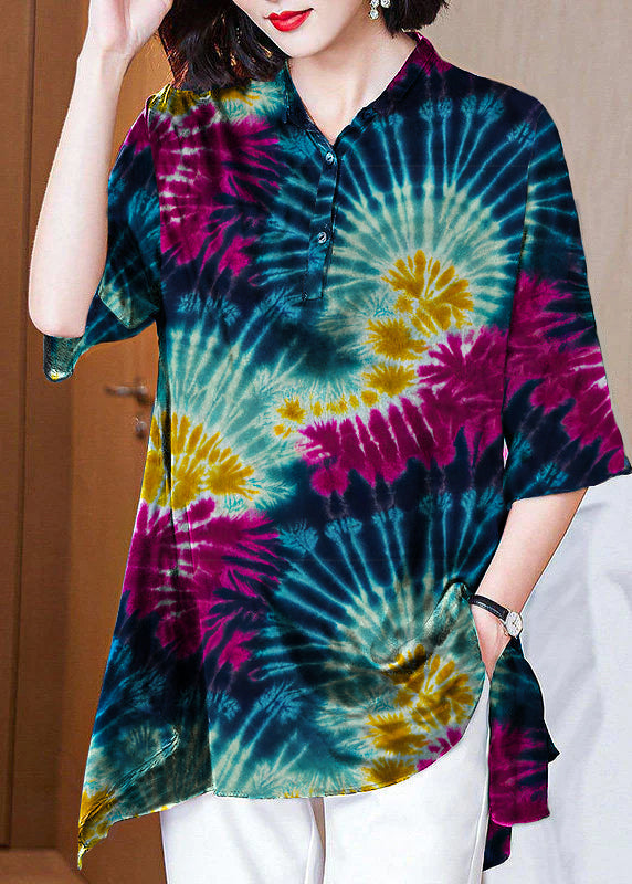 Italienische Dunkelblau Peter Pan Kragen taste Asymmetrische druck Seide tops Frühling