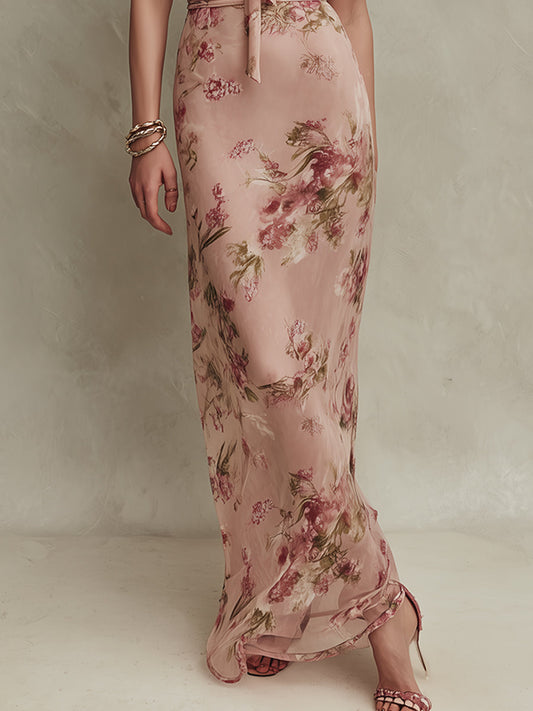 Elegant Holiday Floral Print Keyhole Neckline Chiffon Maxi Dress