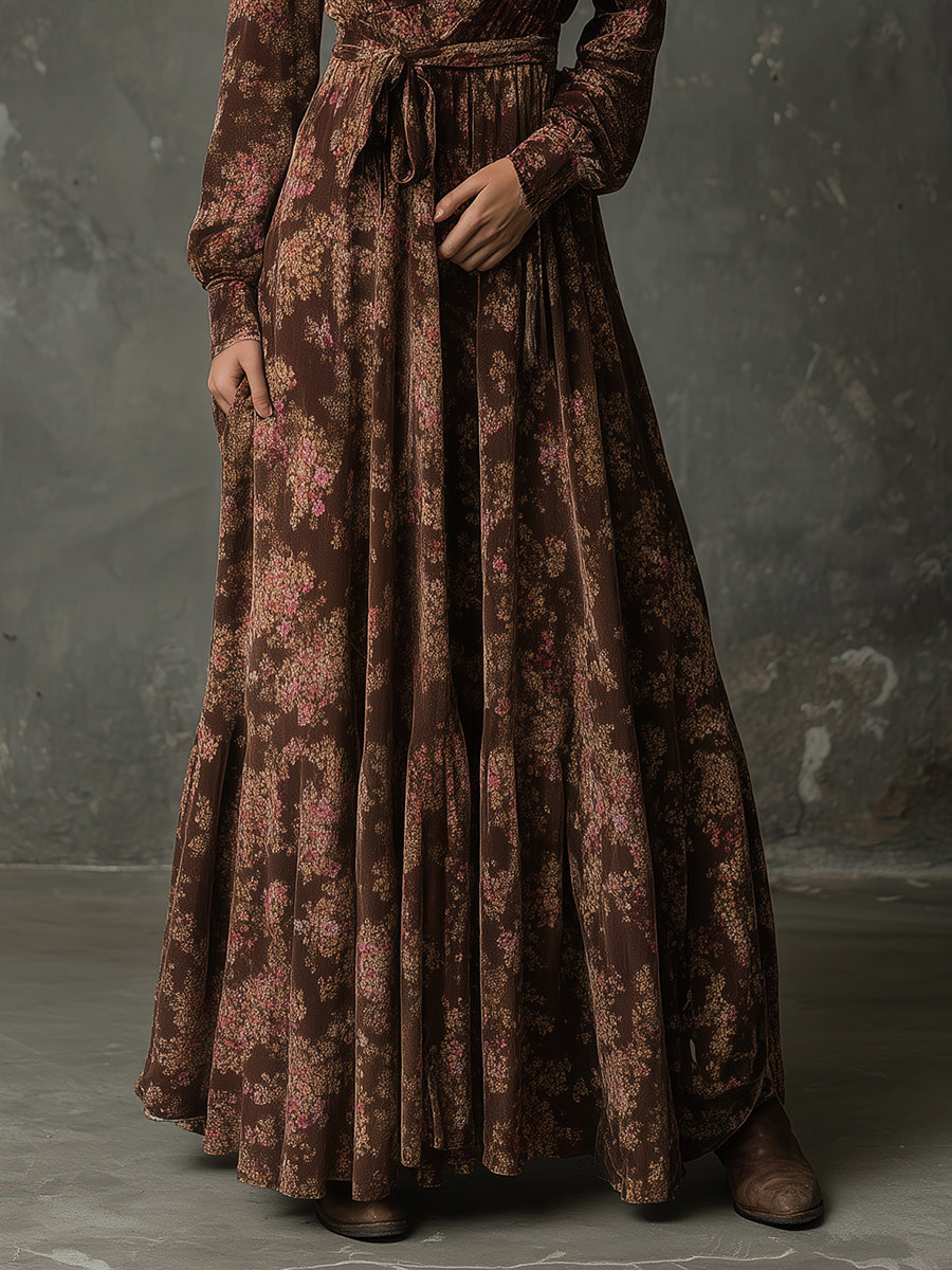 Retro Floral Suede Printed A-line Maxi Dress With Belt