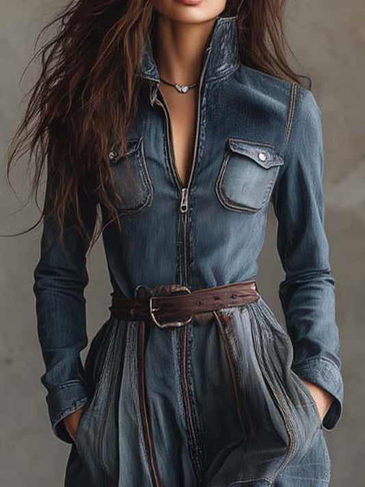 Denim Patchwork Maxi Dress With Plaid Hem