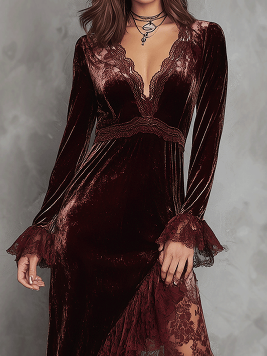 Vintage Wine Red Velvet Lace Panels Slit Maxi Dress