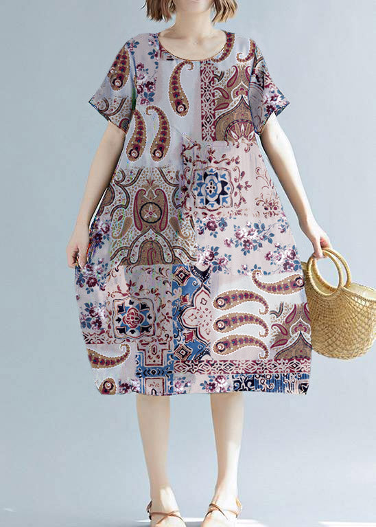 Schlichte weiße bedruckte Tunika aus Baumwollleinen, wildes, alltägliches Sommerkleid