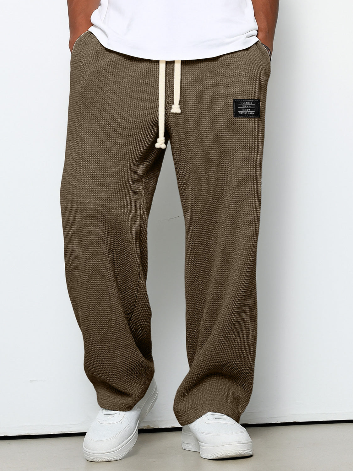 Men's Casual Waffle Embroidered Logo Simple Solid Color Trousers