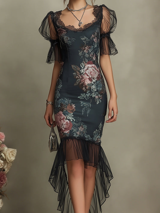 Vintage Floral Satin Maxi Dress With Chiffon Fishtail Hem