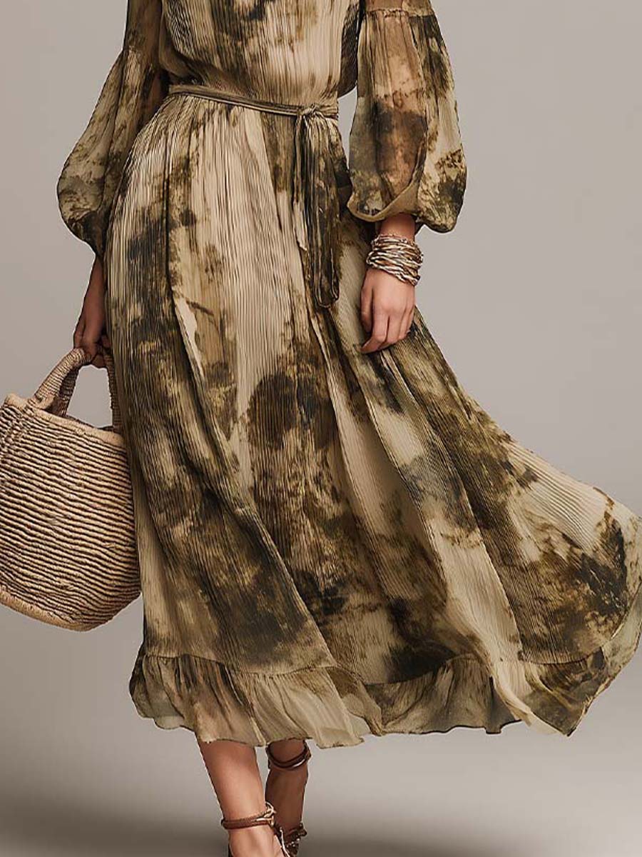 Bohemian-style Printed Pleated Chiffon Maxi Dress With A Tie-waist Belt.