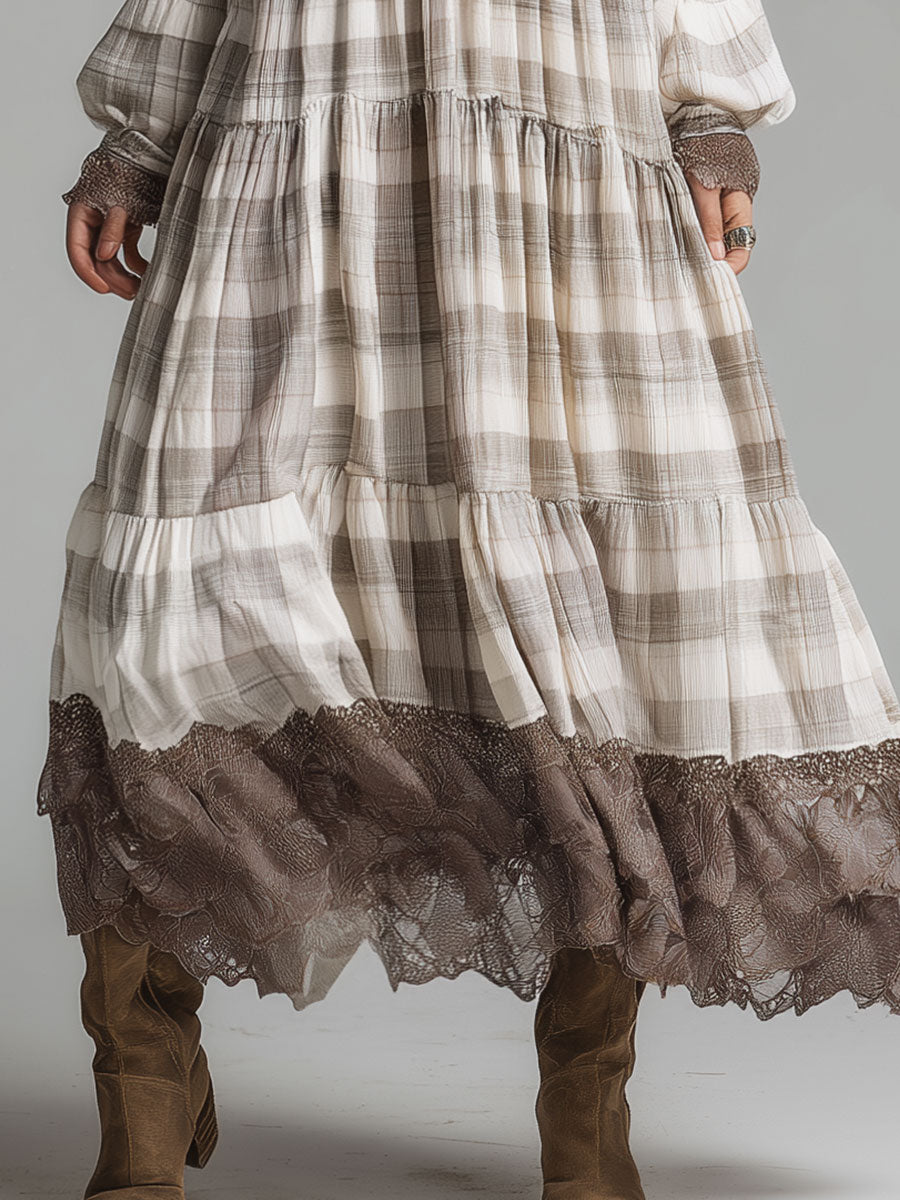 Classic Retro Plaid Lace Splicing Maxi Dress