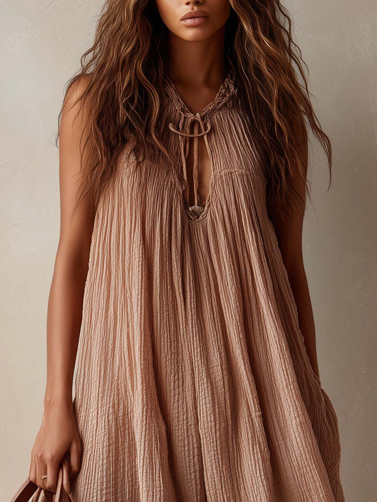 Textured Cotton Sleeveless Maxi Dress With Tie Neck