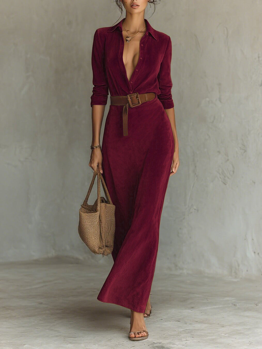 Women's Suede Single-breasted Lapel Belt Maxi Dress