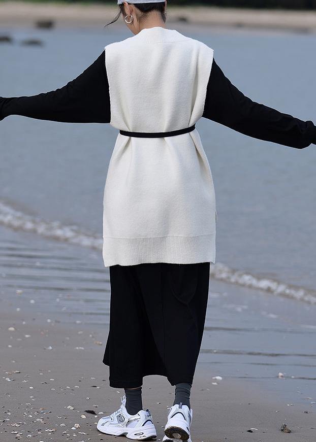 Aesthetic fall white knit sweat tops oversized v neck low high design tops - SooLinen