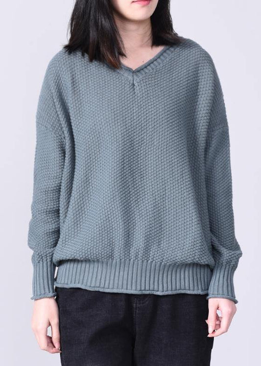 Aesthetic gray blue knit pullover oversized v neck sweaters autumn - SooLinen