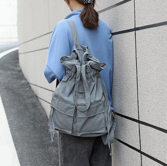 Aesthetic gray outfit Street Style Double Front Pockets Simple Drawstring Backpacks - SooLinen