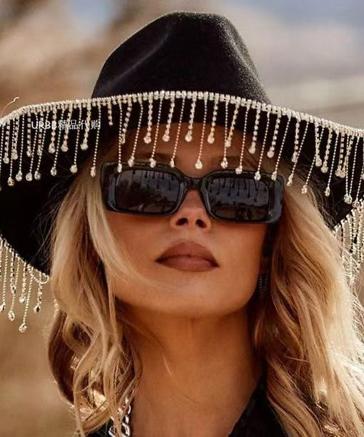 Sombrero de vaquero de lana con borlas negras estilo americano