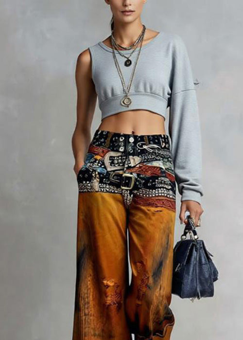 American Style Paintings Print Denim Wide Leg Pants Spring