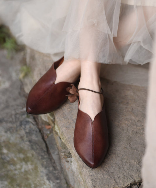 Apricot Cowhide Leather Sandals Splicing Floral Pointed Toe