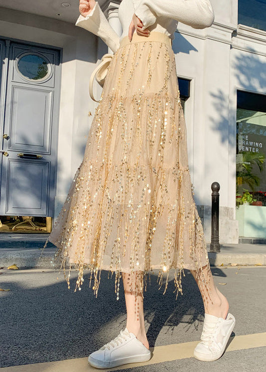 Apricot Elastische Taille Pailletten Tüll A-Linie Röcke Frühling