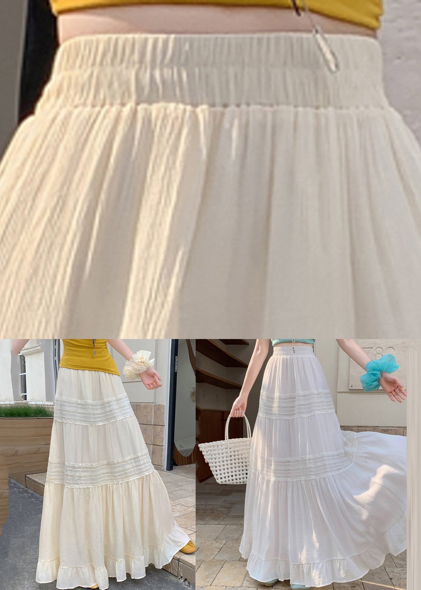 Apricot Elastic Waist Solid A Line Skirts
