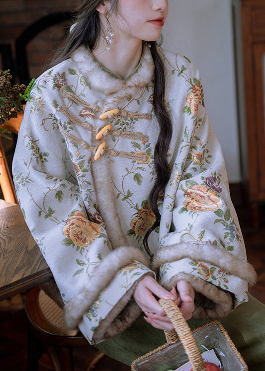 Parkas de invierno cálidas de forro polar con cuello de piel y patchwork bordado en albaricoque