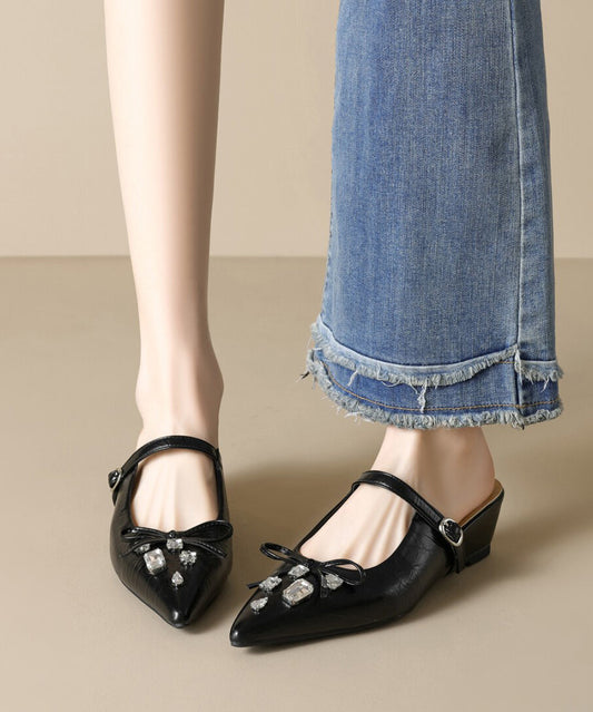 Apricot Faux Leather Splicing Slide Sandals Pointed Toe Zircon