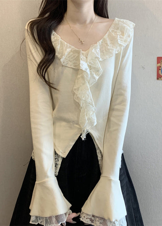 Apricot Front Open Lace Patchwork Cotton T Shirt V Neck Fall