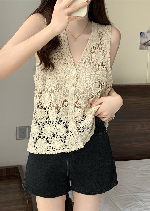 Apricot Hollow Out Solid Knit Vest Summer