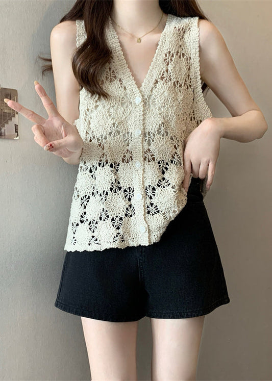 Apricot Hollow Out Solid Knit Vest Summer