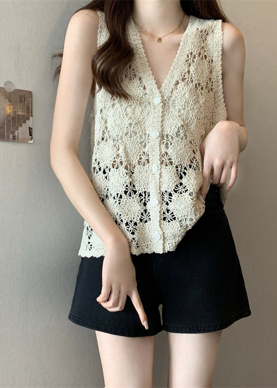 Apricot Hollow Out Solid Knit Vest Summer