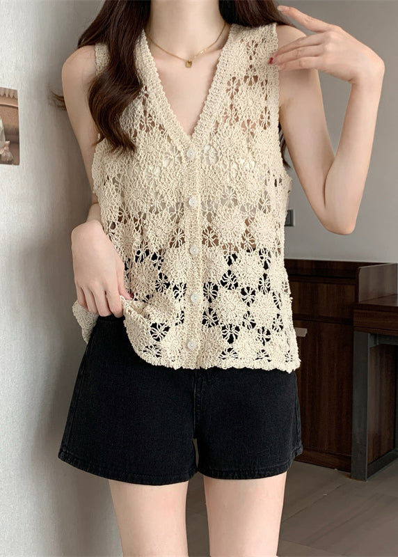 Apricot Hollow Out Solid Knit Vest Summer