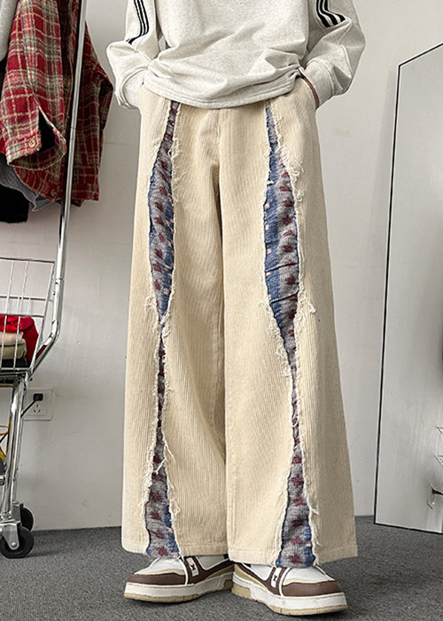 Apricot Pockets Patchwork Corduroy Men Wide Leg Pants Elastic Waist
