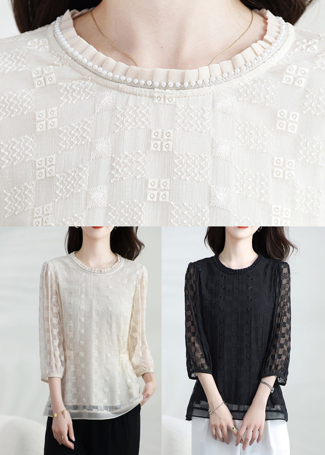 Apricot Silk T Shirt Top Classy O Neck Embroidered Bracelet Sleeve