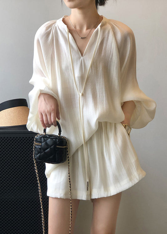 Apricot Solide Elastische Taille Baumwolle Zwei Stücke Set Lace