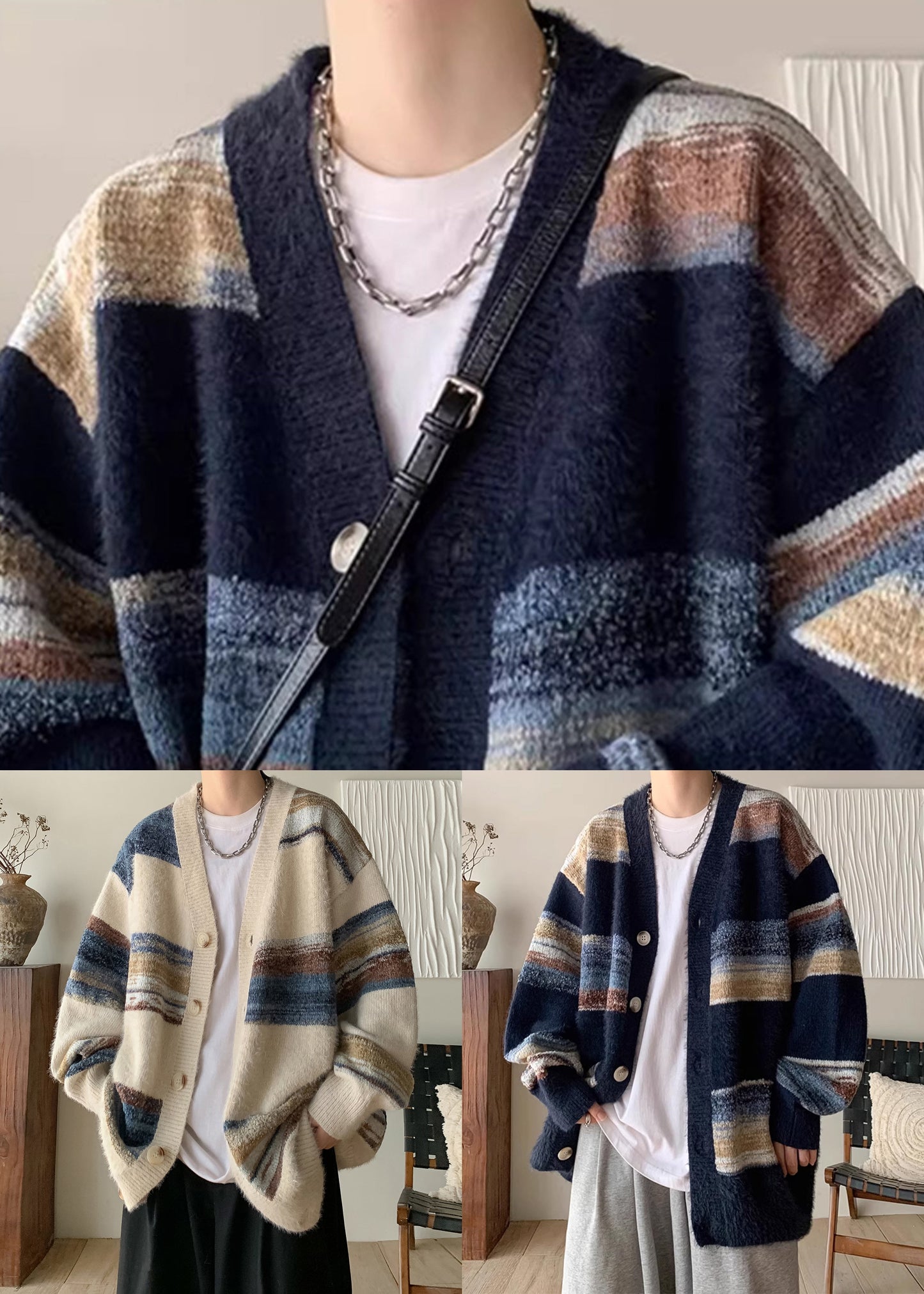 Apricot Striped Button Cozy Knit Men Coat V Neck