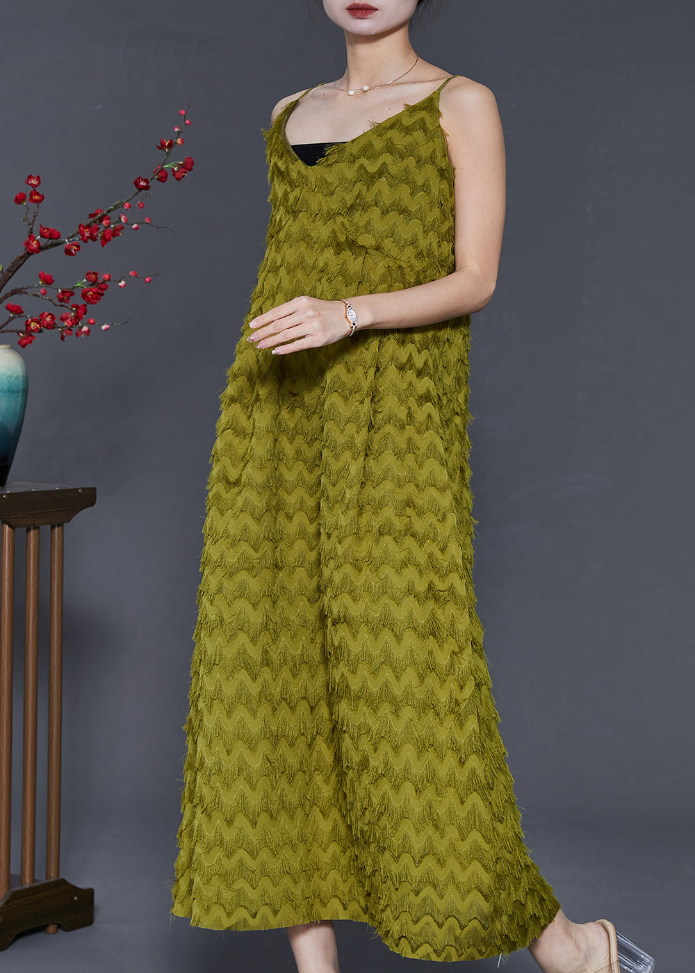 Armee Grün Chiffon Sommer Strand Kleid Tassel Sommer