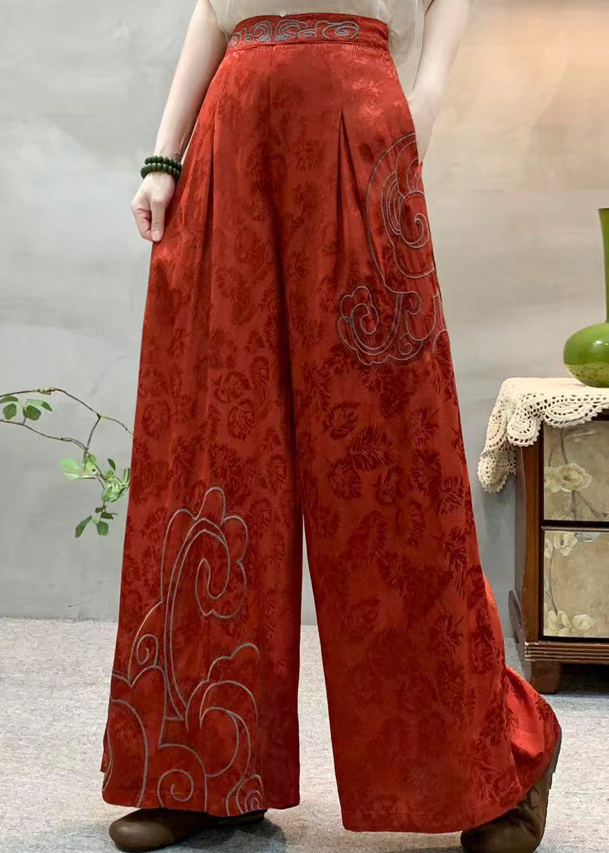 Art Apricot Embroidered Pockets Jacquard Silk Wide Leg Pants Fall