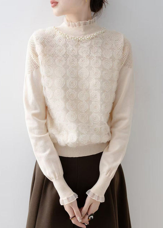 Art Apricot Floral Decorated Nail Bead Knit Blouse Spring