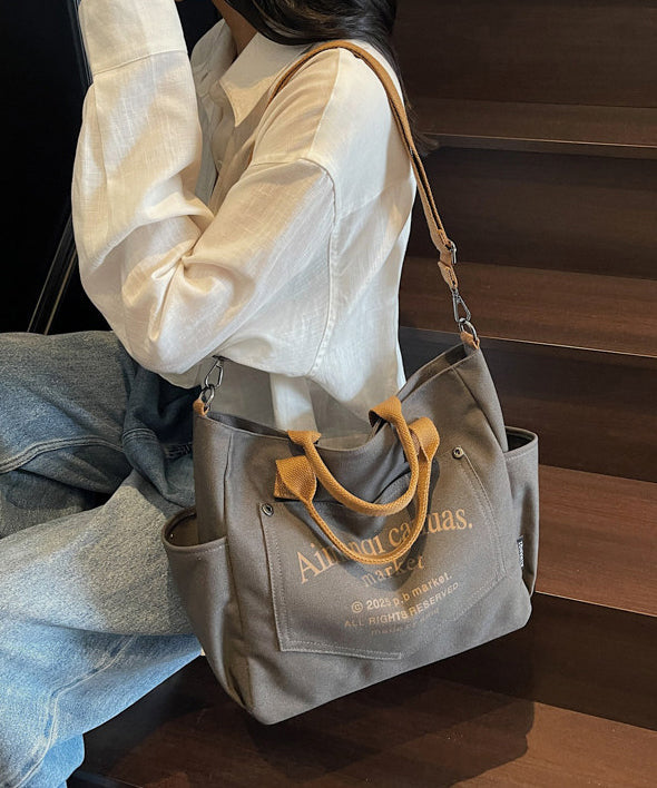 Art Beige Letter Print Pockets Solid Durable Canvas Tote Handbag