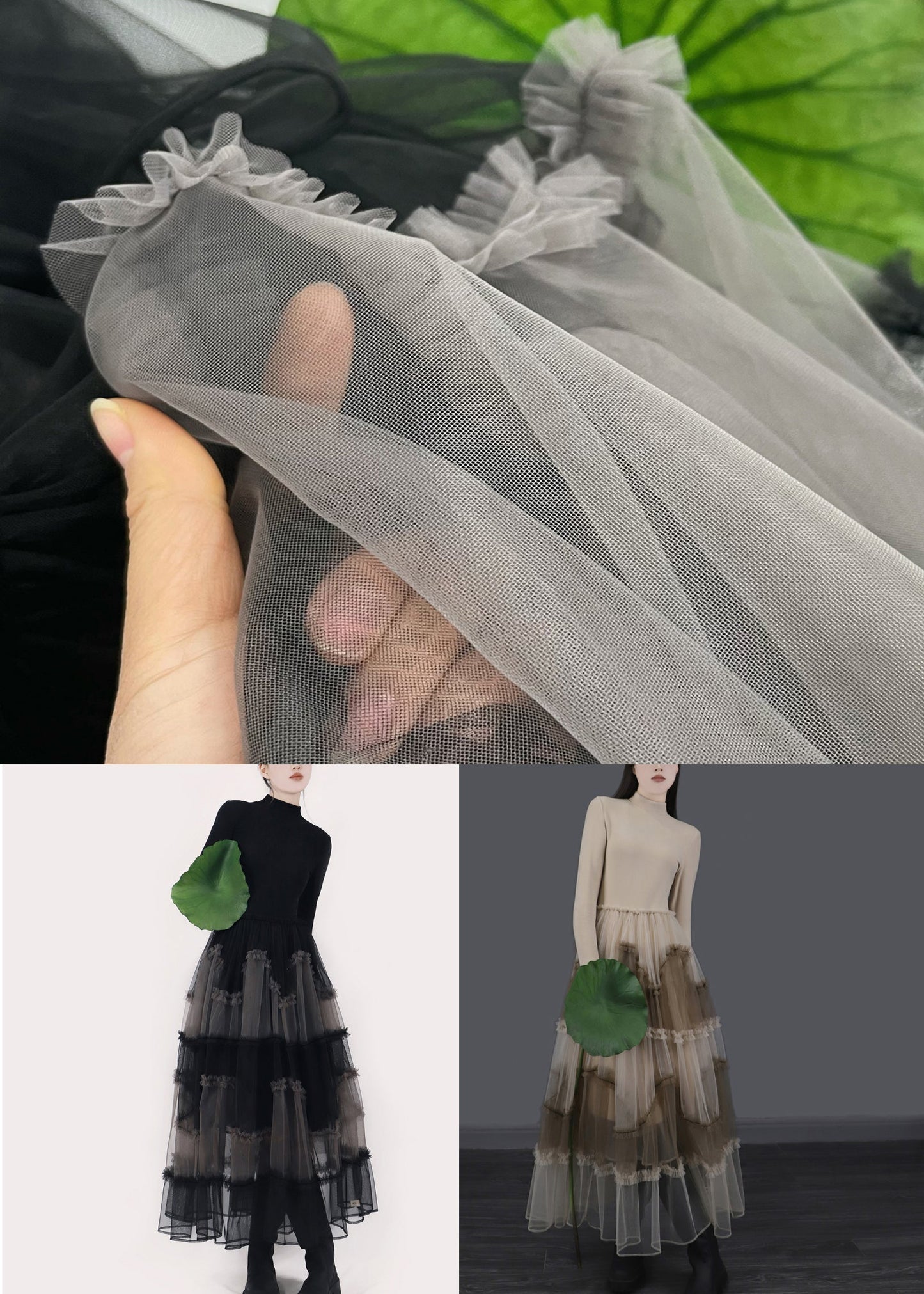 Vestidos largos de invierno de tul con volantes asimétricos y patchwork en negro